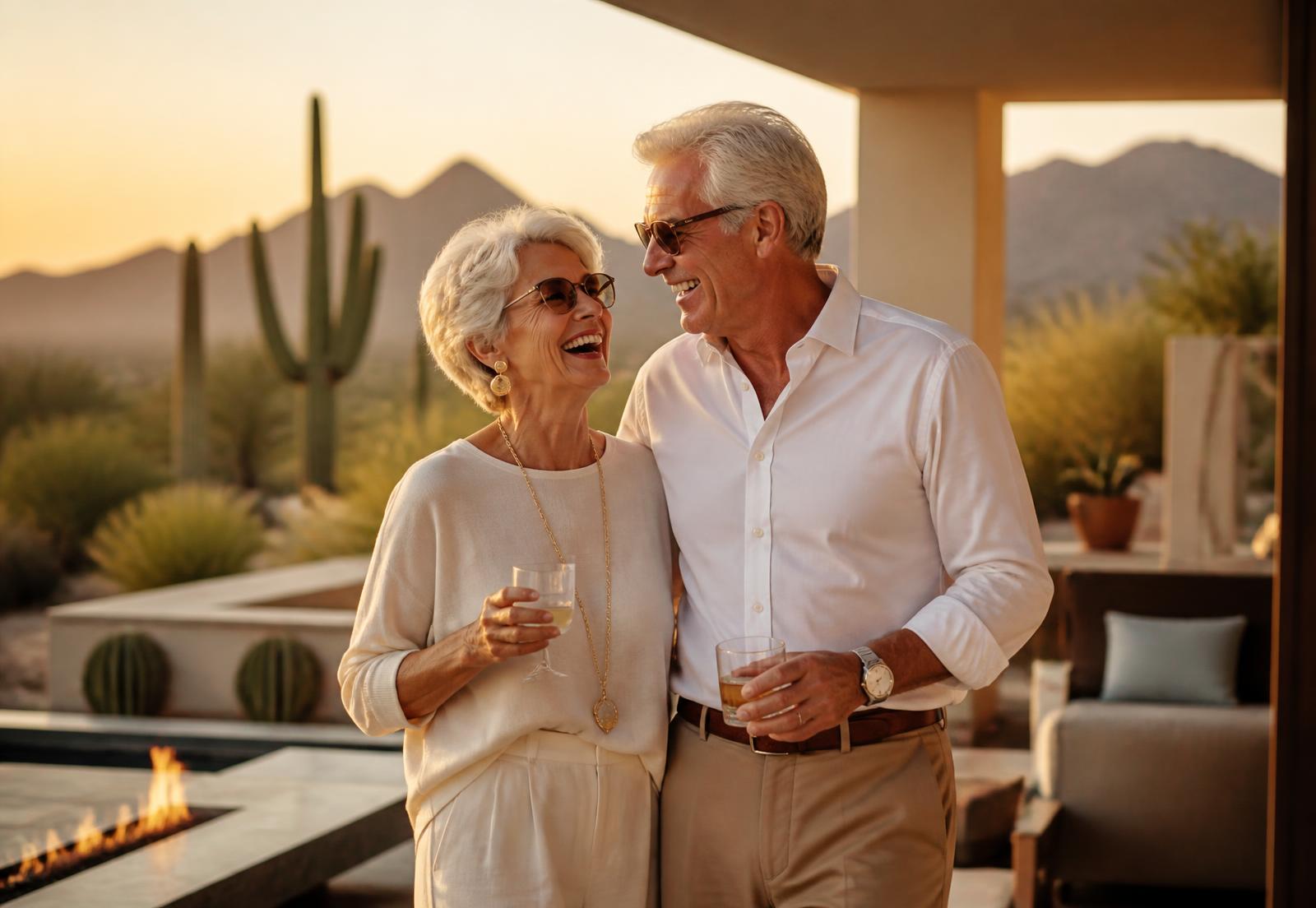 A couple in their sixties laughing together on a desert patio at golden hour in Scottsdale